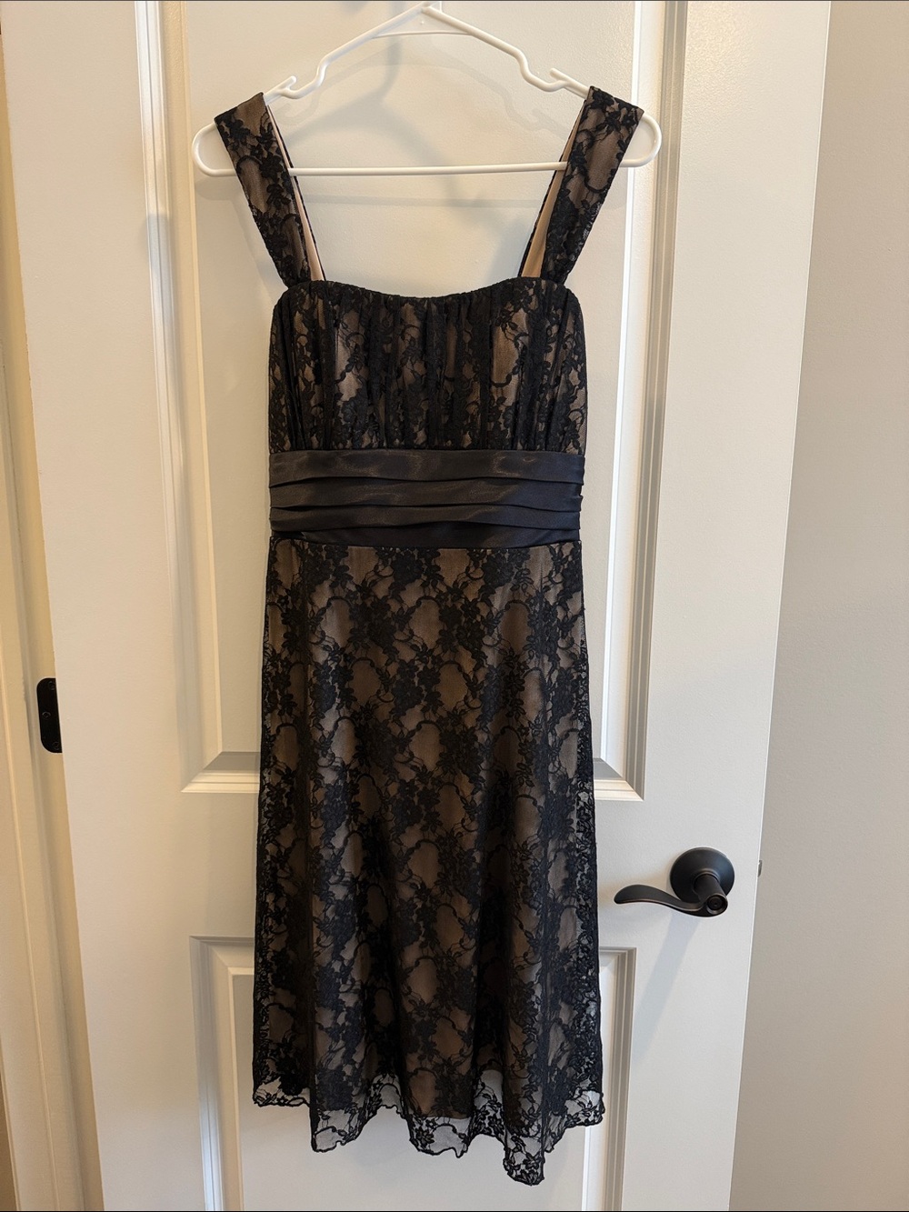 Black Lace Overlay Cocktail Dress with Satin Waistband